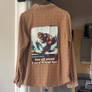 Woolrich Brown Plaid Button-Down Shirt with Smokey Bear Back Patch